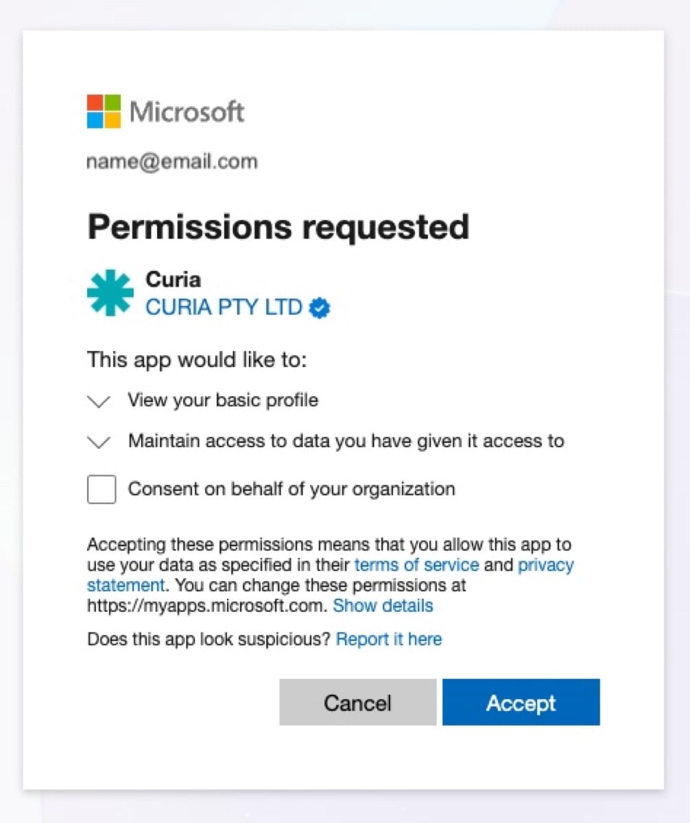 The Microsoft permissions screen for Curia