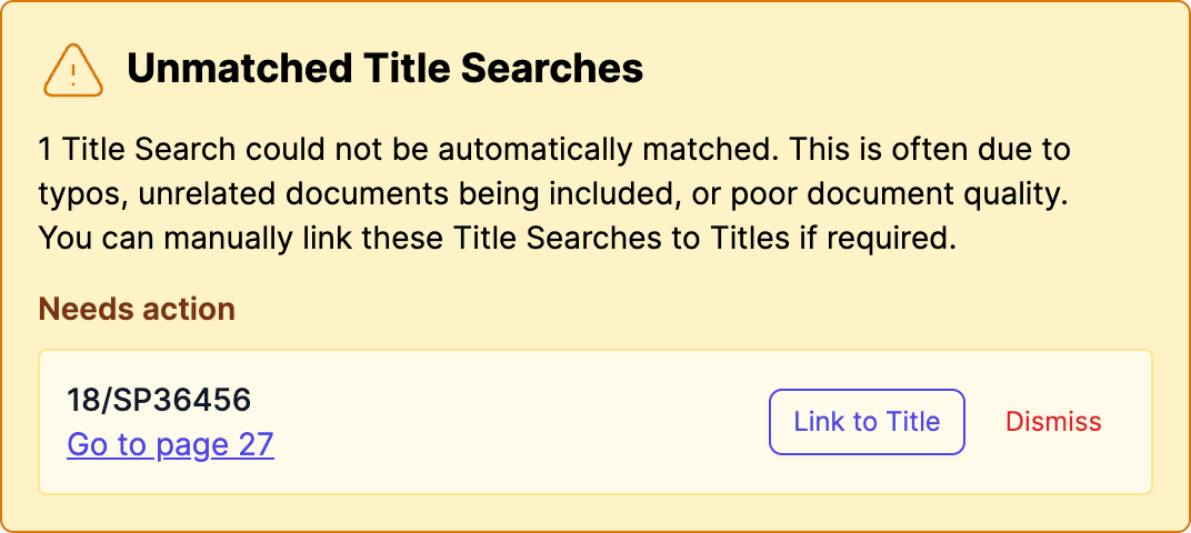 The Unmatched Title Searches warning at the top of the tab