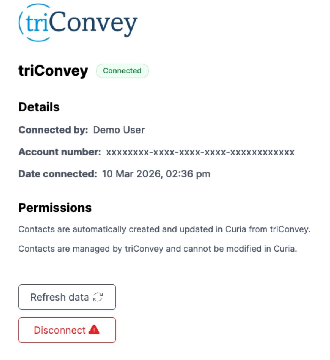 The triConvey management page showing the Connected badge and the Details list