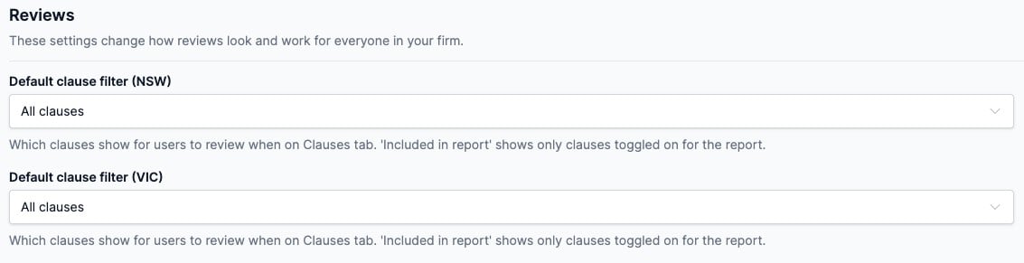 The Default clause filter dropdowns for NSW and VIC under Reviews