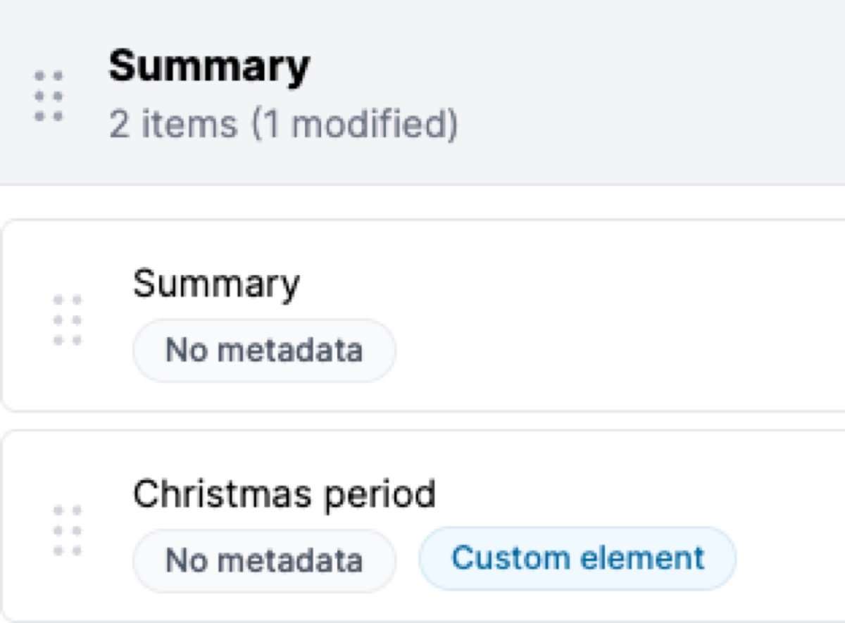 A Summary section with a custom Christmas period item carrying the Custom badge