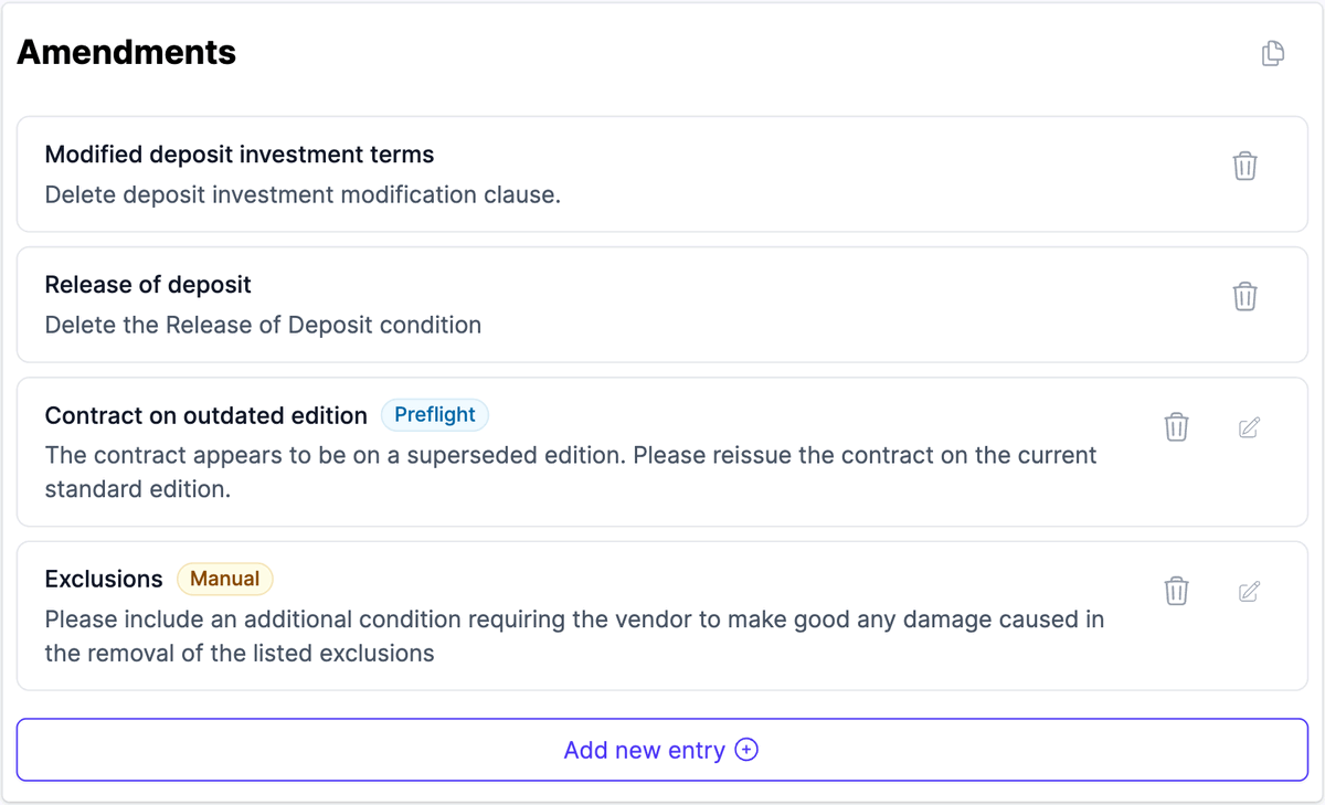 The Amendments list on the Finalise tab, with Preflight and Manual badges and the delete and edit buttons on each item