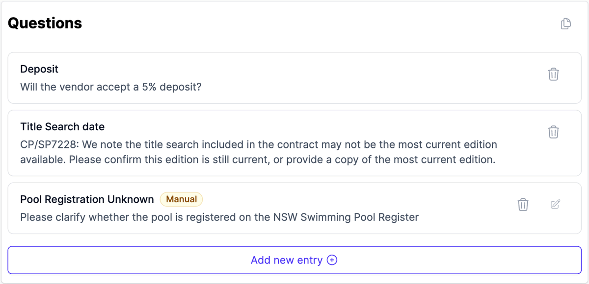 The Questions list on the Finalise tab