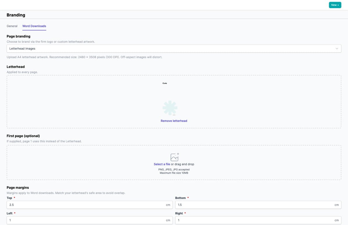 The Word Downloads tab in Letterhead images mode with the letterhead and first page upload slots