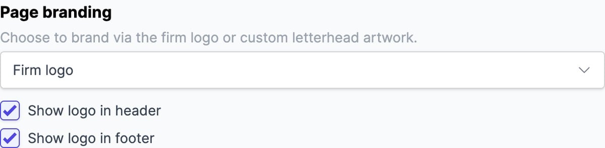 Page branding set to Firm logo with the header and footer checkboxes