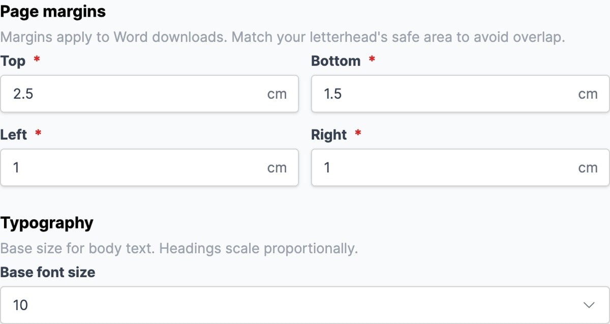 The page margin fields and base font size on the Word Downloads tab