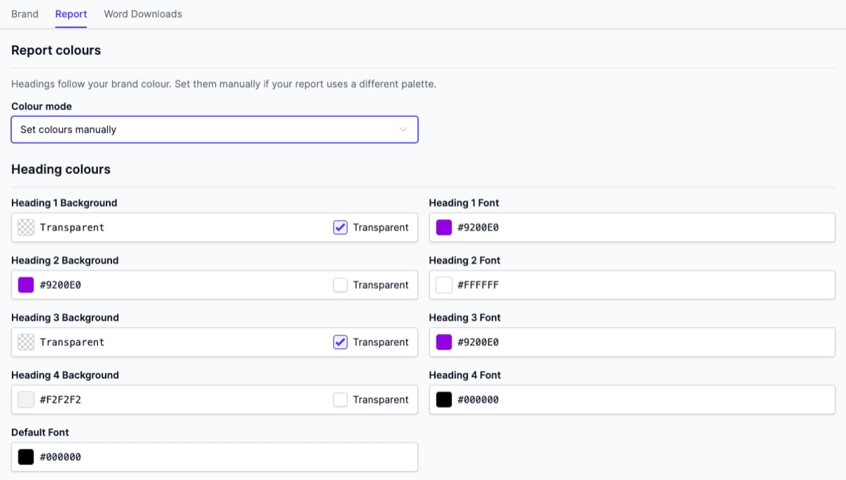 The Report tab with Set colours manually chosen, showing the heading colour pickers