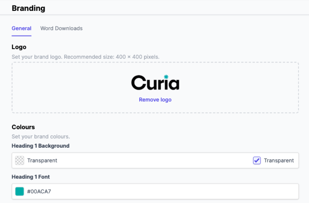 A heading background set to transparent on the Branding page