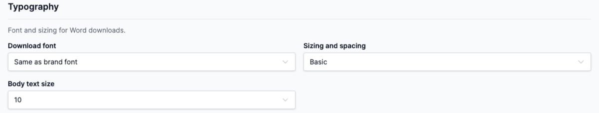 The Basic sizing and spacing controls with Download font, Sizing and spacing, and Body text size
