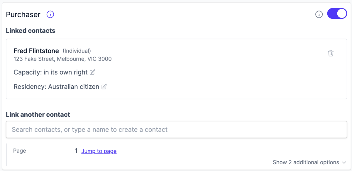 The Purchaser field with one linked contact showing its capacity and residency lines, and the Link another contact search
