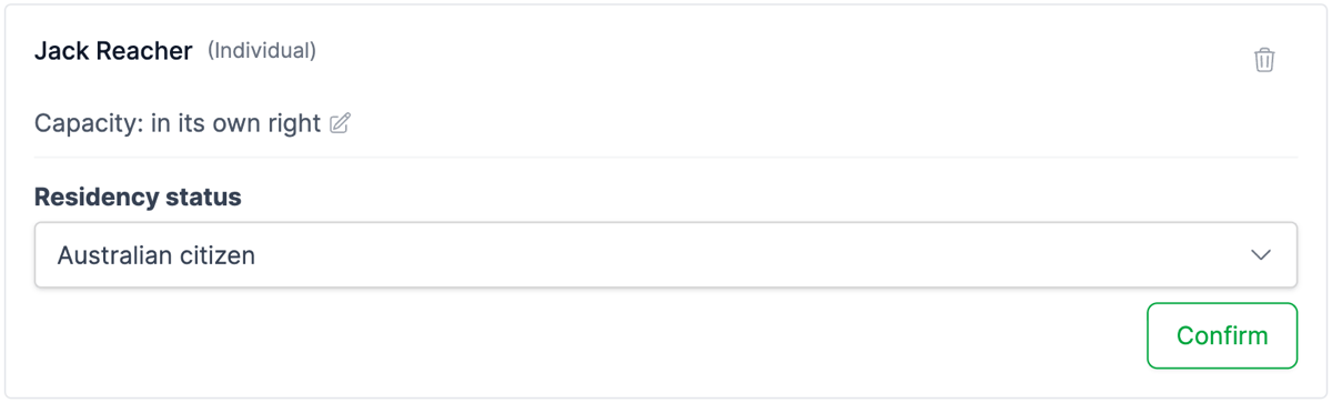 A linked contact with no residency recorded, showing the Residency status dropdown and the Confirm button