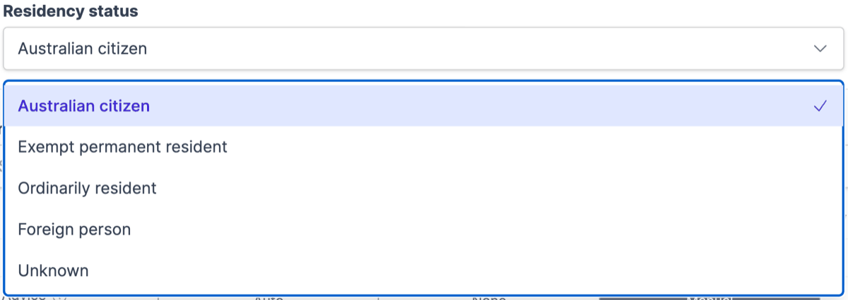 The Residency status dropdown open, listing the residency statuses