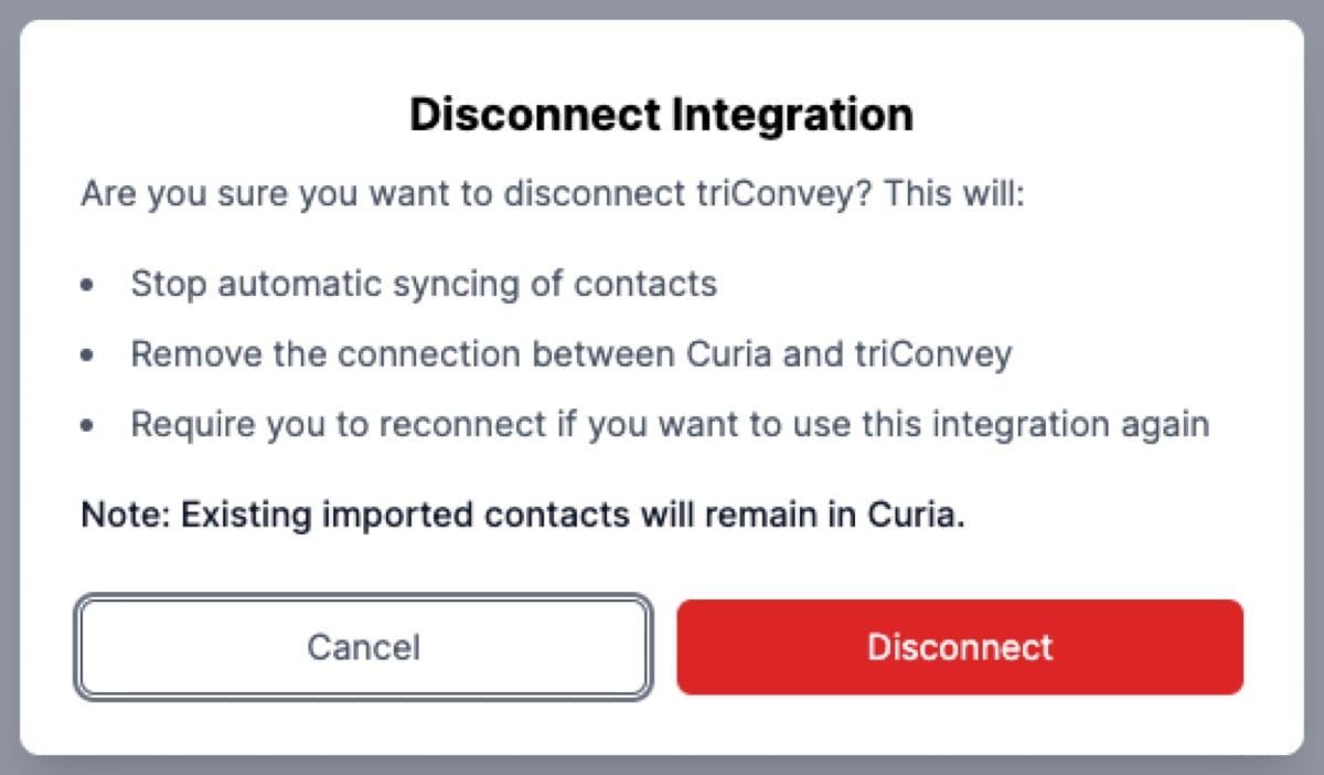 The Disconnect Integration confirmation dialog
