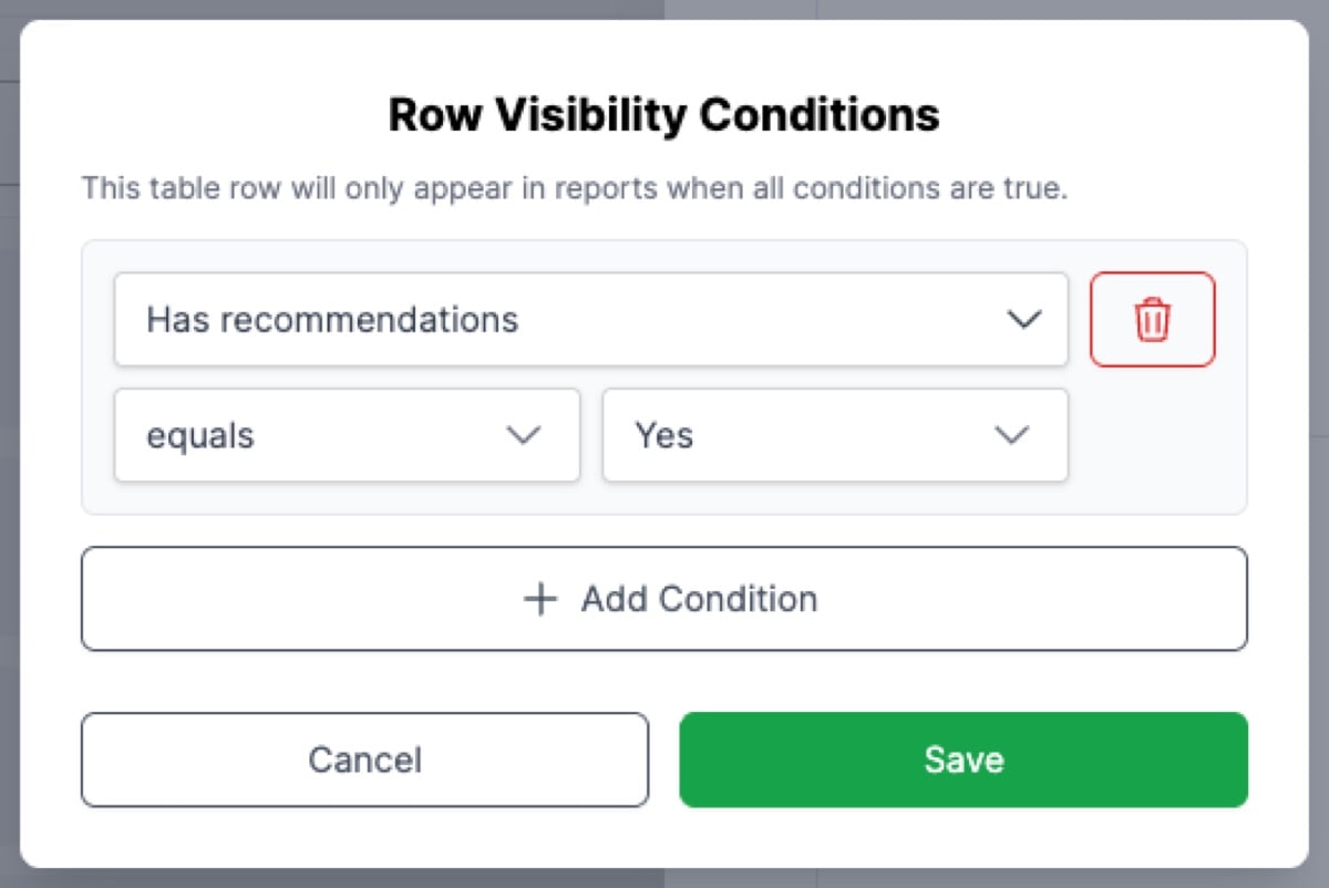 Visibility condition builder with field, operator, and value