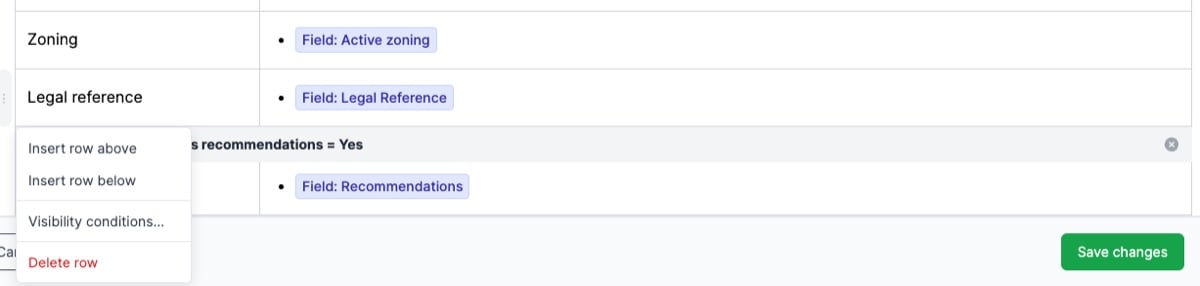 The Visibility conditions option in the table row menu