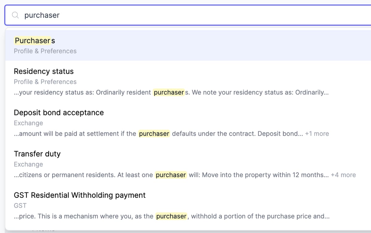 Report template search showing matches for a term, with the section under each result and the matching text highlighted
