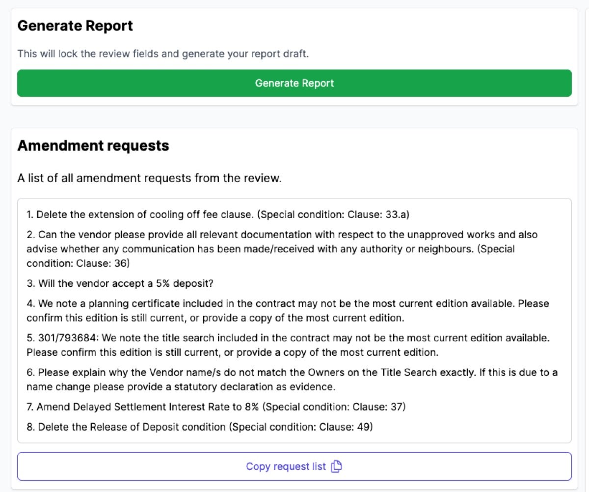 The Finalise tab with the Generate Report button and amendment requests list
