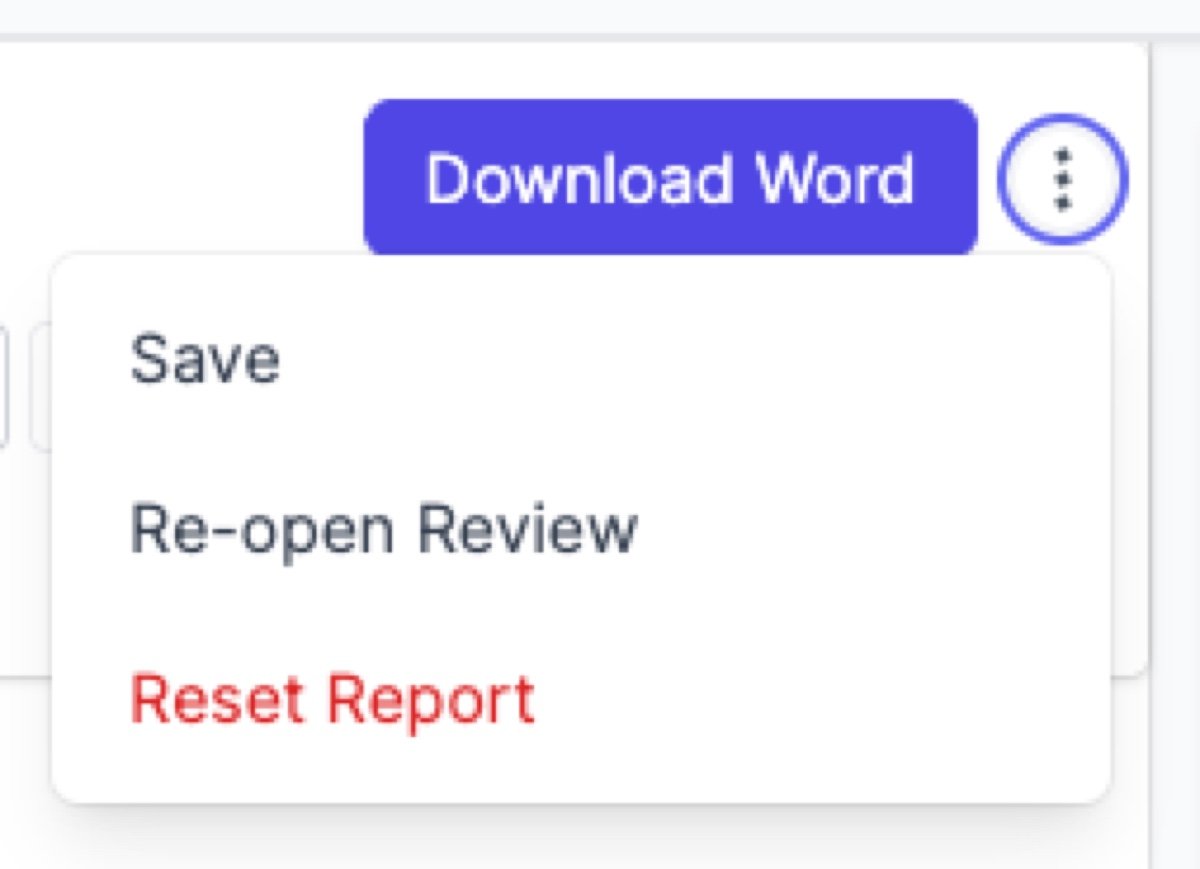 Overflow menu with Save, Re-open Review, and Reset Report