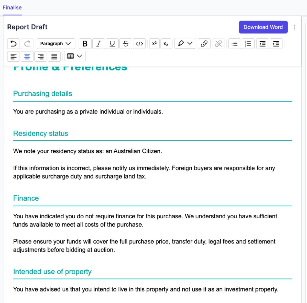 The report draft editor with the toolbar and Download Word button