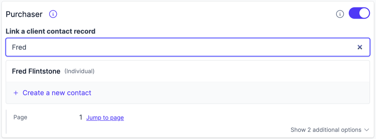 The Purchaser field on the Client tab with a search for a contact, showing a matching individual and the Create a new contact option
