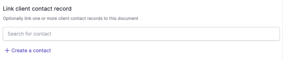The Client tab on the review page showing the "Link client contact record" section with the contact search component