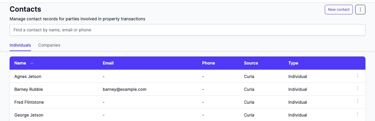 The Contacts page with the search bar and the Individuals and Companies tabs, Individuals active