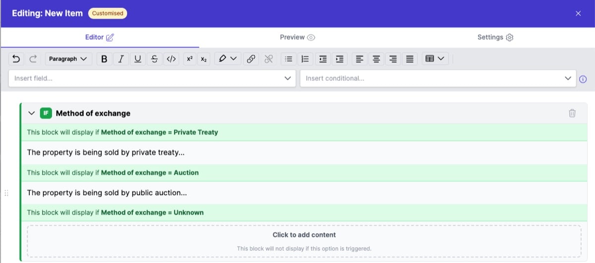 A conditional block in the editor with branches for each Method of Exchange