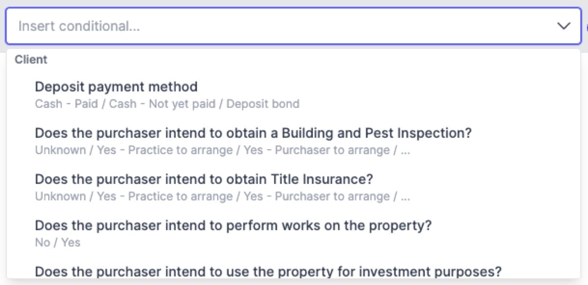 Conditional block picker showing available conditions