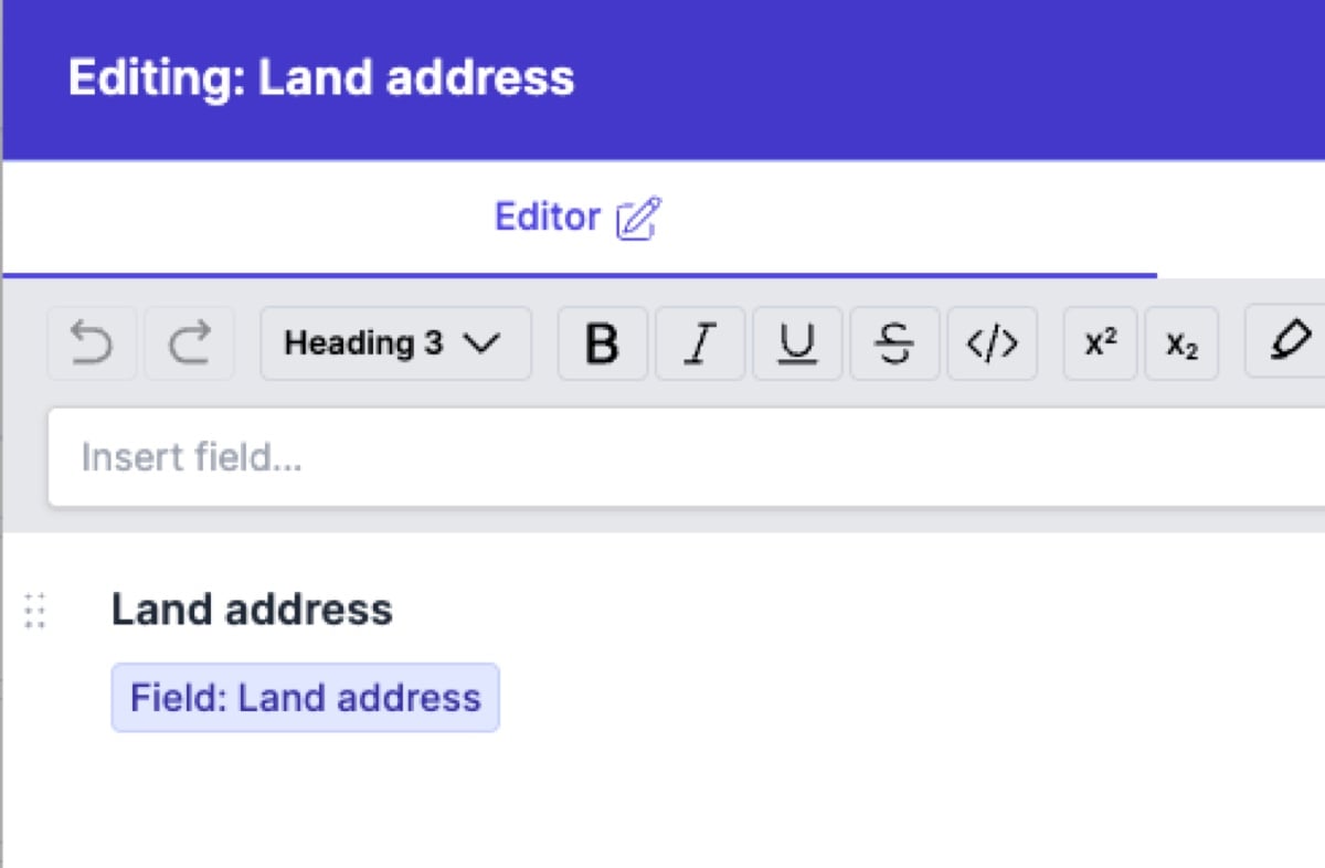 A merge tag chip in the editor content