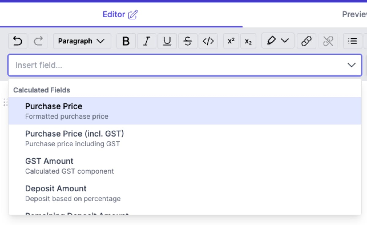 Merge tag picker showing available fields organised by category