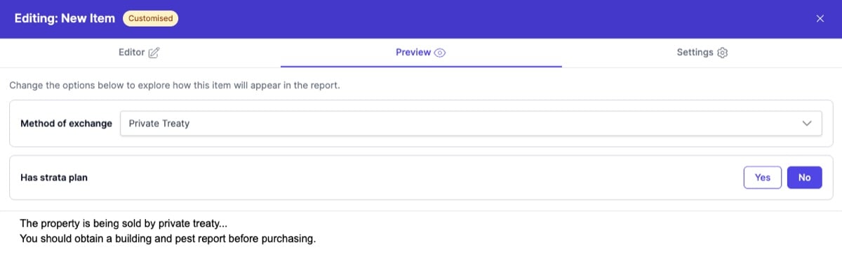 Preview with Private Treaty selected and Has Strata Plan set to No