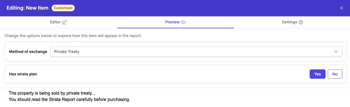 Preview with Private Treaty selected and Has Strata Plan set to Yes