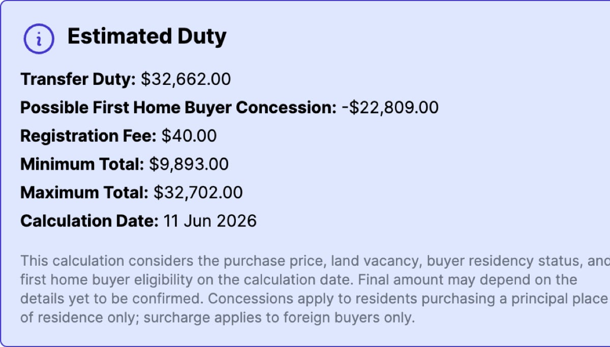 Estimated Duty card showing a range with a possible first home buyer concession when an input is unknown