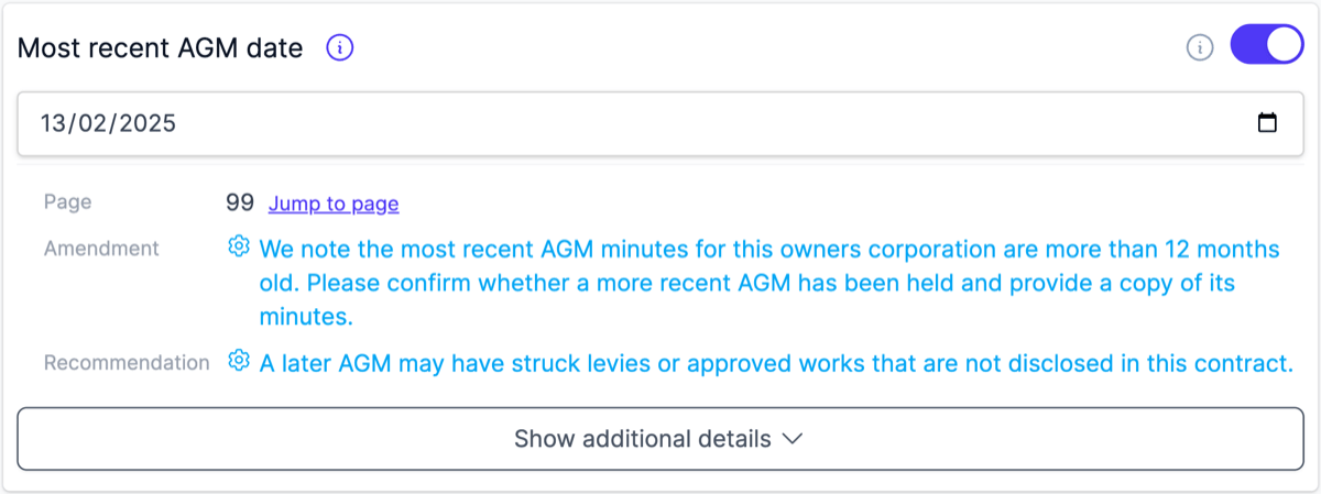 The Most recent AGM date field with an amendment noting the AGM is more than 12 months old