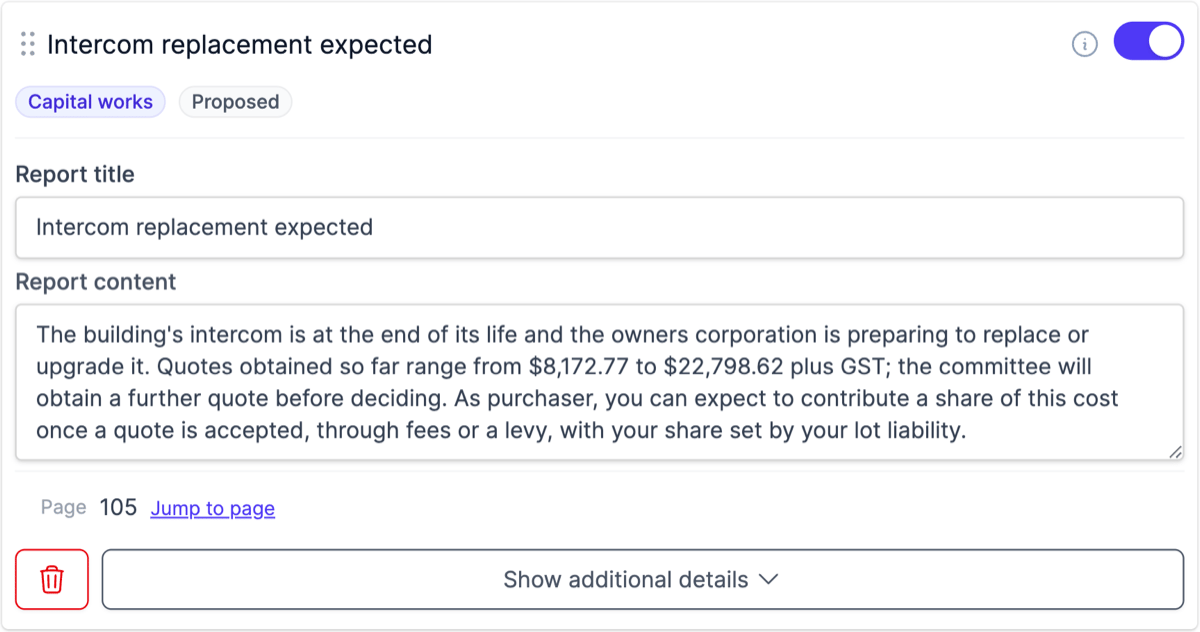 An expanded AGM item showing its category and status tags above the Report title and Report content fields
