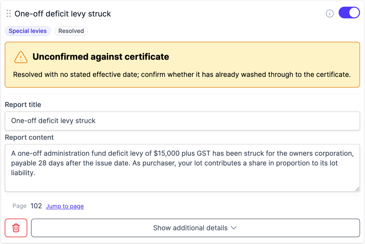 An AGM item showing an Unconfirmed against certificate warning above its Report title and Report content