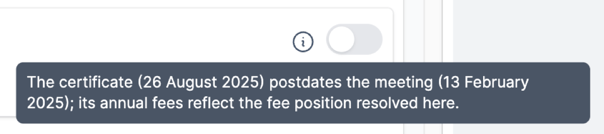 The info icon tooltip on a switched-off AGM item explaining why it started hidden