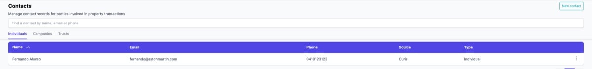 The Contacts page Individuals tab showing contacts with the Source column displaying the integration name