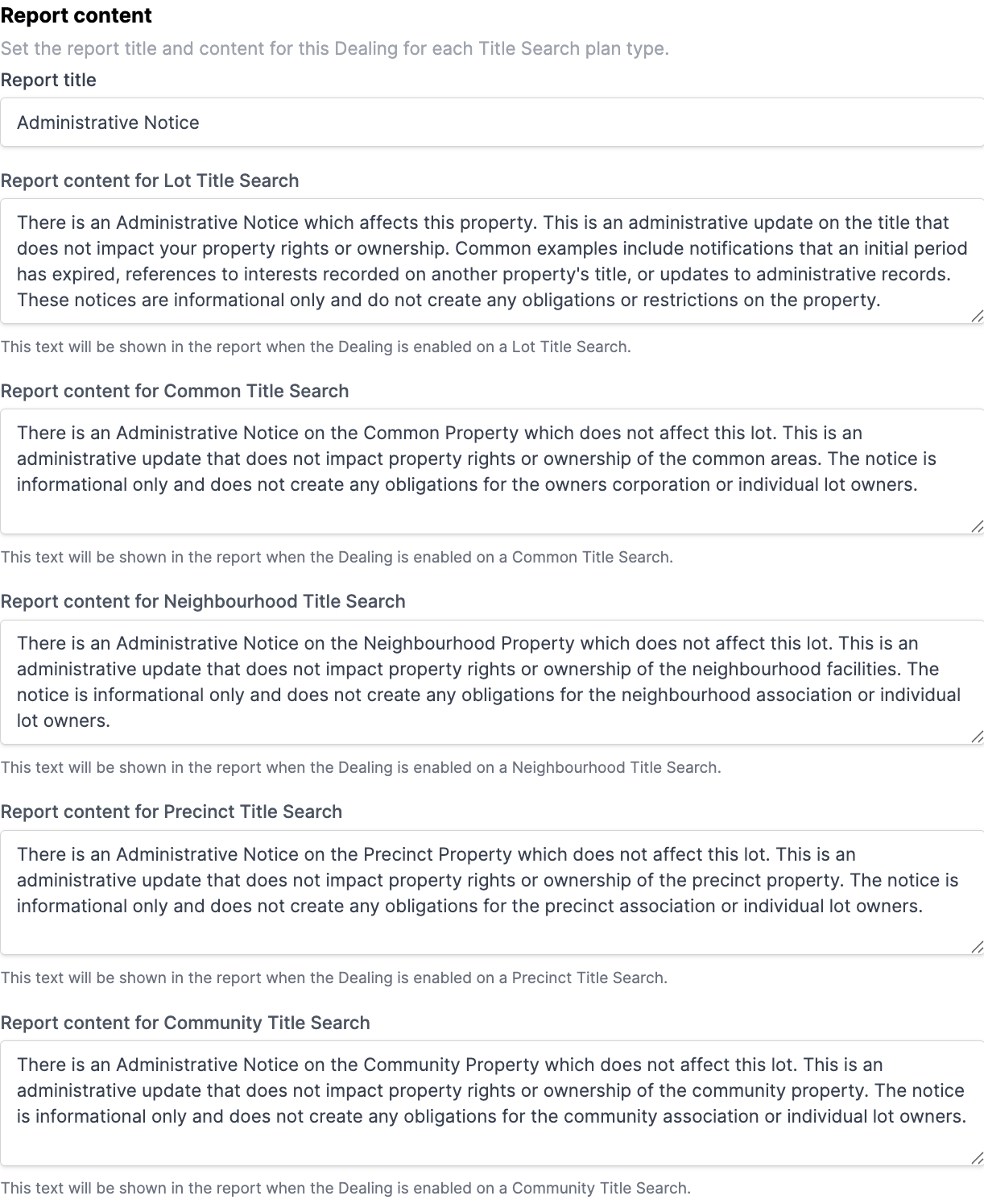 The side pane for editing a dealing, with Report title shared and Report content set per property type