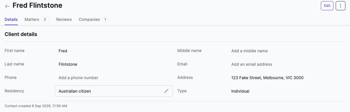 A contact profile on the Details tab showing name, type, address and Residency with its edit icon, and the Matters, Reviews and Companies tabs