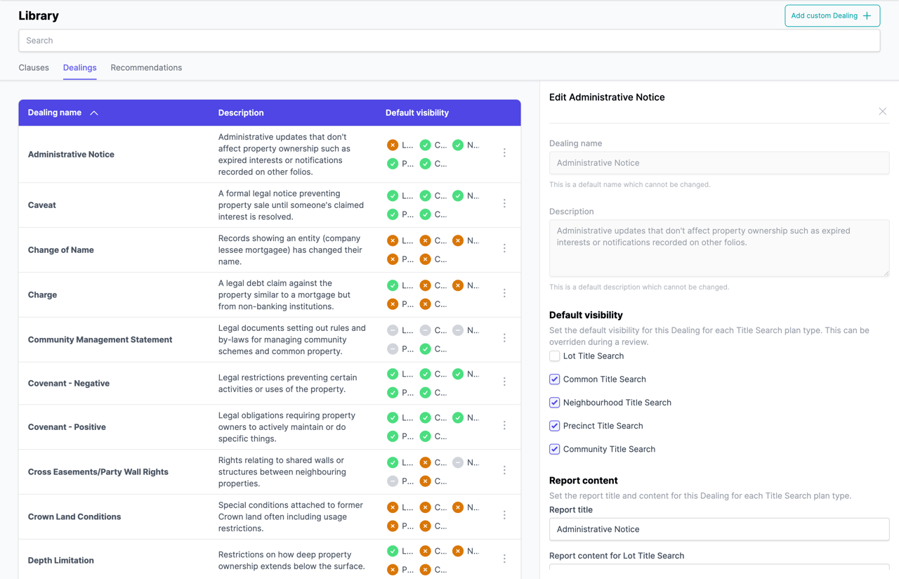 The Library Dealings tab listing standard categories with visibility indicators per property type