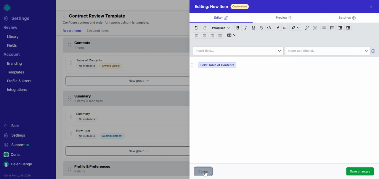 A generated table of contents in a report
