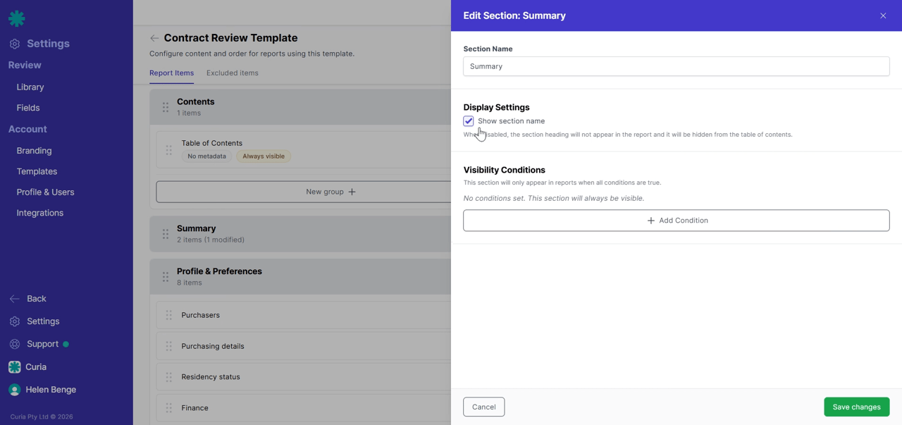 The Show Section Name toggle in section settings