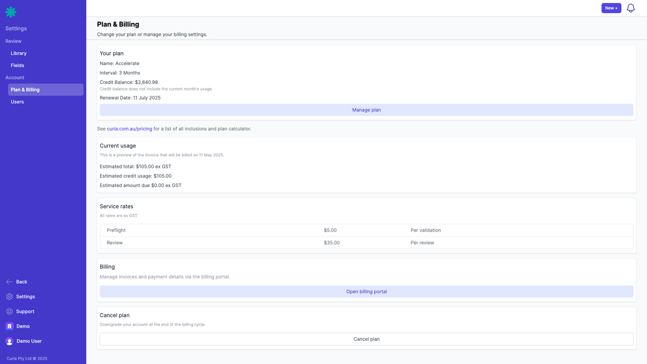 Plan & Billing page