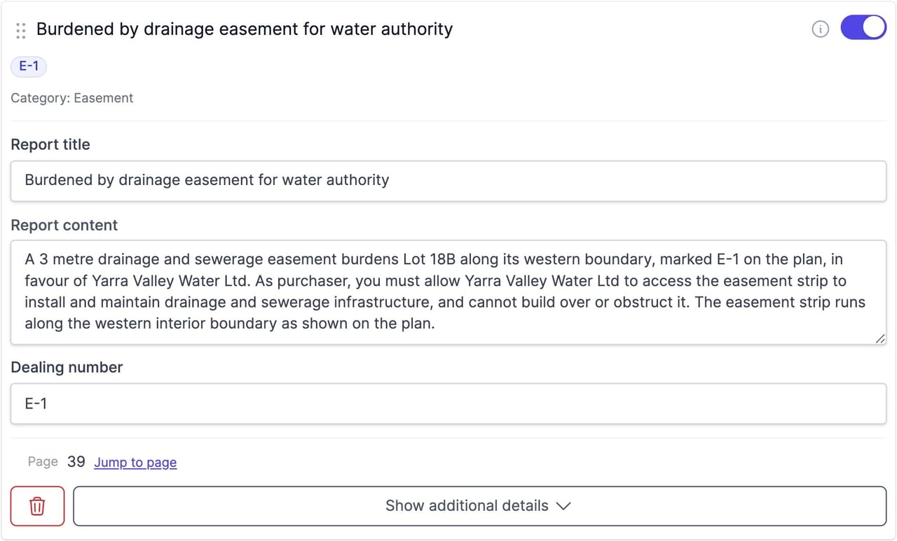 A plan easement dealing card showing its category, report title and content, and dealing number