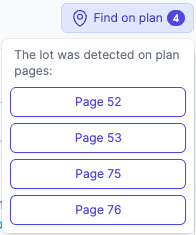 The Find on plan control open, listing the plan pages where the lot was detected