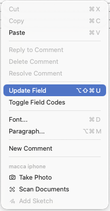 The Word right-click menu over a table of contents, with the Update Field option