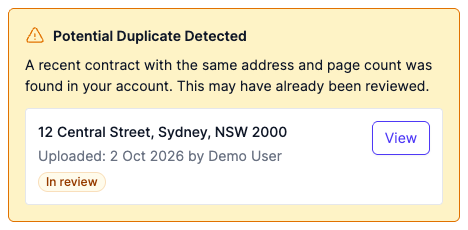 The Preflight tab showing a potential duplicate warning with the duplicate's filename, upload date, owner, and status, alongside a View button