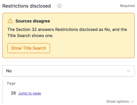 A Sources disagree warning on Restrictions disclosed with a button to show the title search