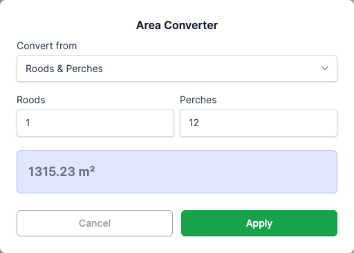 The area converter with a value entered and the converted result in the preview